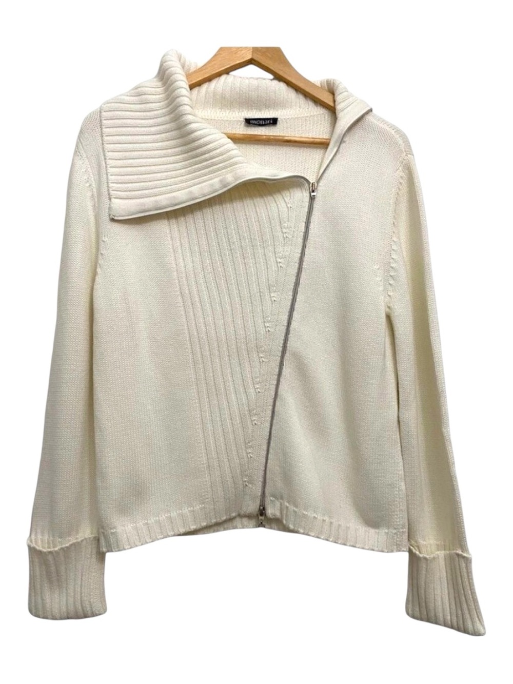 Monari knit sweater cardigan 50% cotton ecru/white fisherman zip up asymetric 8